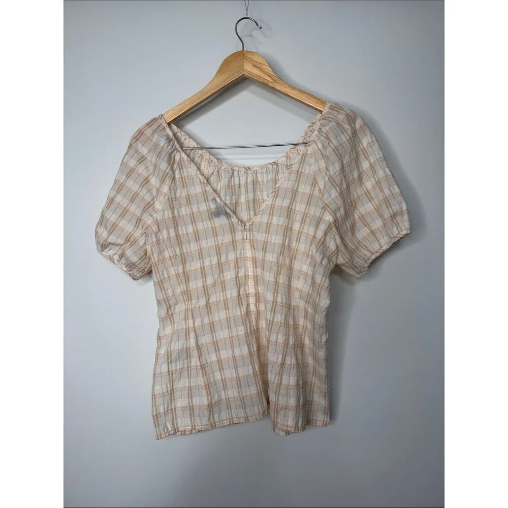 J. Crew V-back puff-sleeve top in textured plaid Size 2